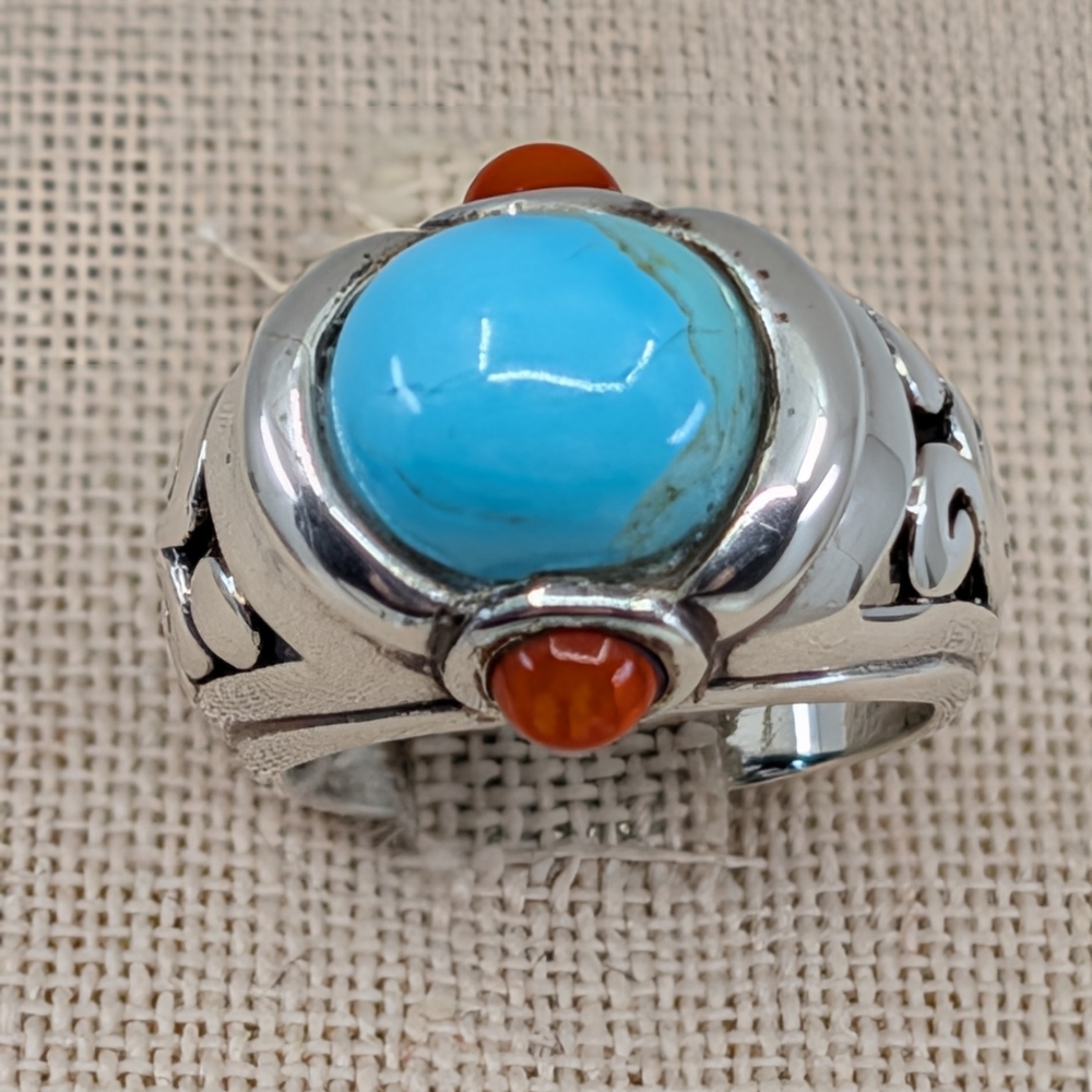 Vintage Sally C Treasures SX 925 Sterling Silver Turquoise Coral Ring Size 5